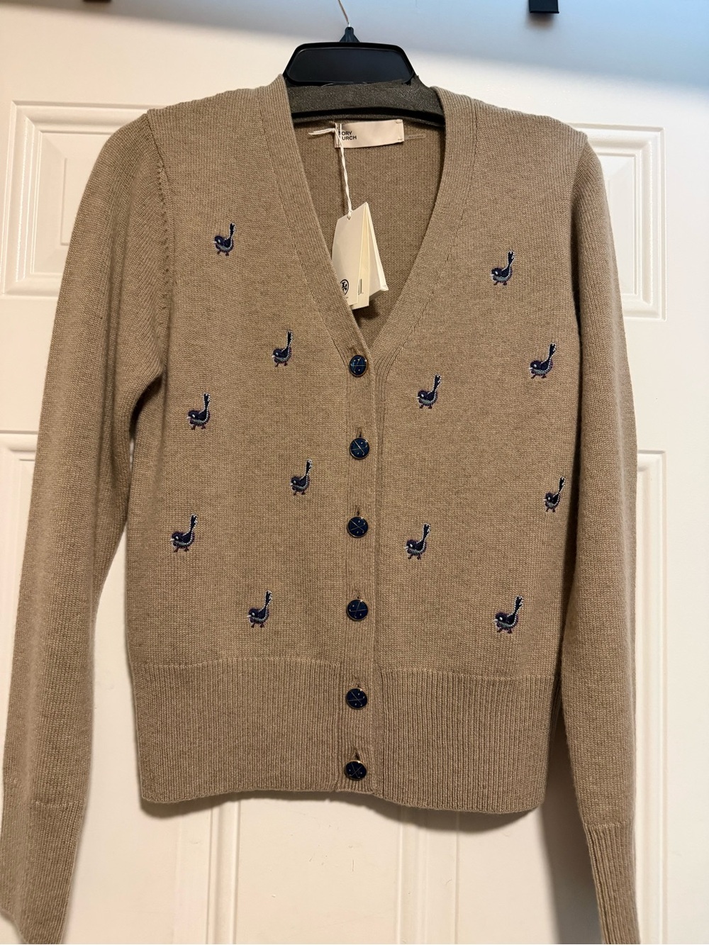 Tory Burch Classic V-Neck Embroidered Cardigan Sweater - Taupe with Navy Motifs